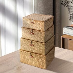 Ruosuruosu Cube Stackable Storage Bins Lids,Wicker Woven Storage Baskets Shelves,Set 4 Seagrass Storage Boxes,Rattan Storage Containers Organizing,Clothes,Toys,Books Cluttered Small Items Honey Brown