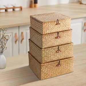 Ruosuruosu Cube Stackable Storage Bins Lids,Wicker Woven Storage Baskets Shelves,Set 4 Seagrass Storage Boxes,Rattan Storage Containers Organizing,Clothes,Toys,Books Cluttered Small Items Honey Brown