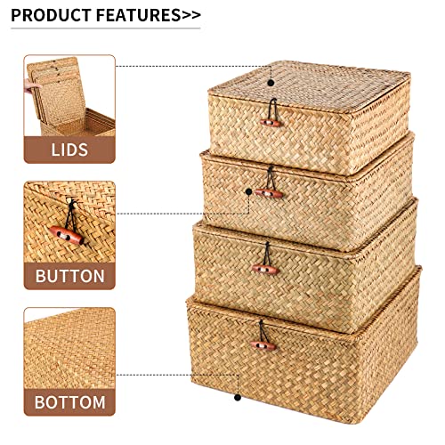 Ruosuruosu Cube Stackable Storage Bins Lids,Wicker Woven Storage Baskets Shelves,Set 4 Seagrass Storage Boxes,Rattan Storage Containers Organizing,Clothes,Toys,Books Cluttered Small Items Honey Brown