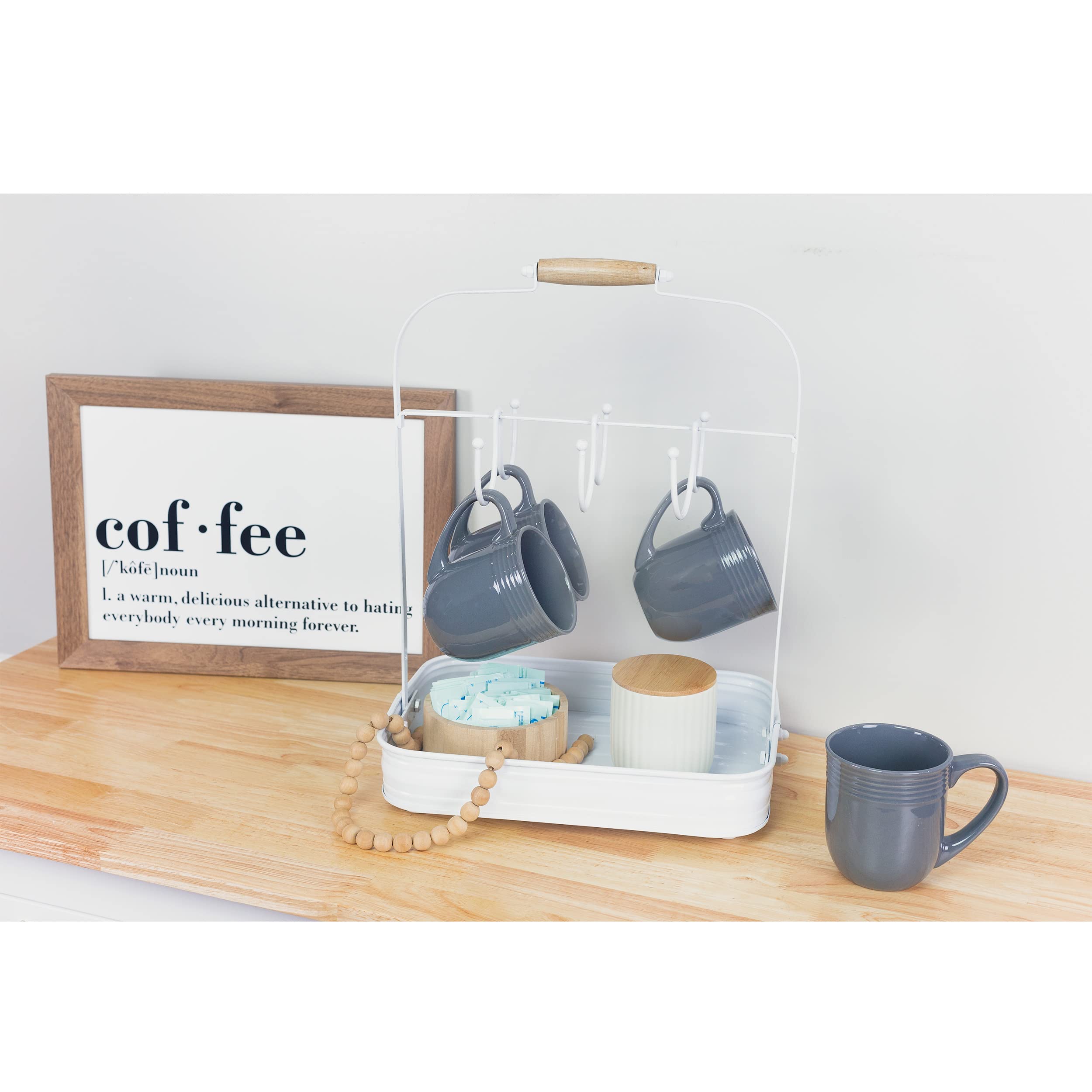 AuldHome Enamelware Coffee Mug Rack, Countertop Style White Rustic Distressed Cup Hanging Stand with Tray