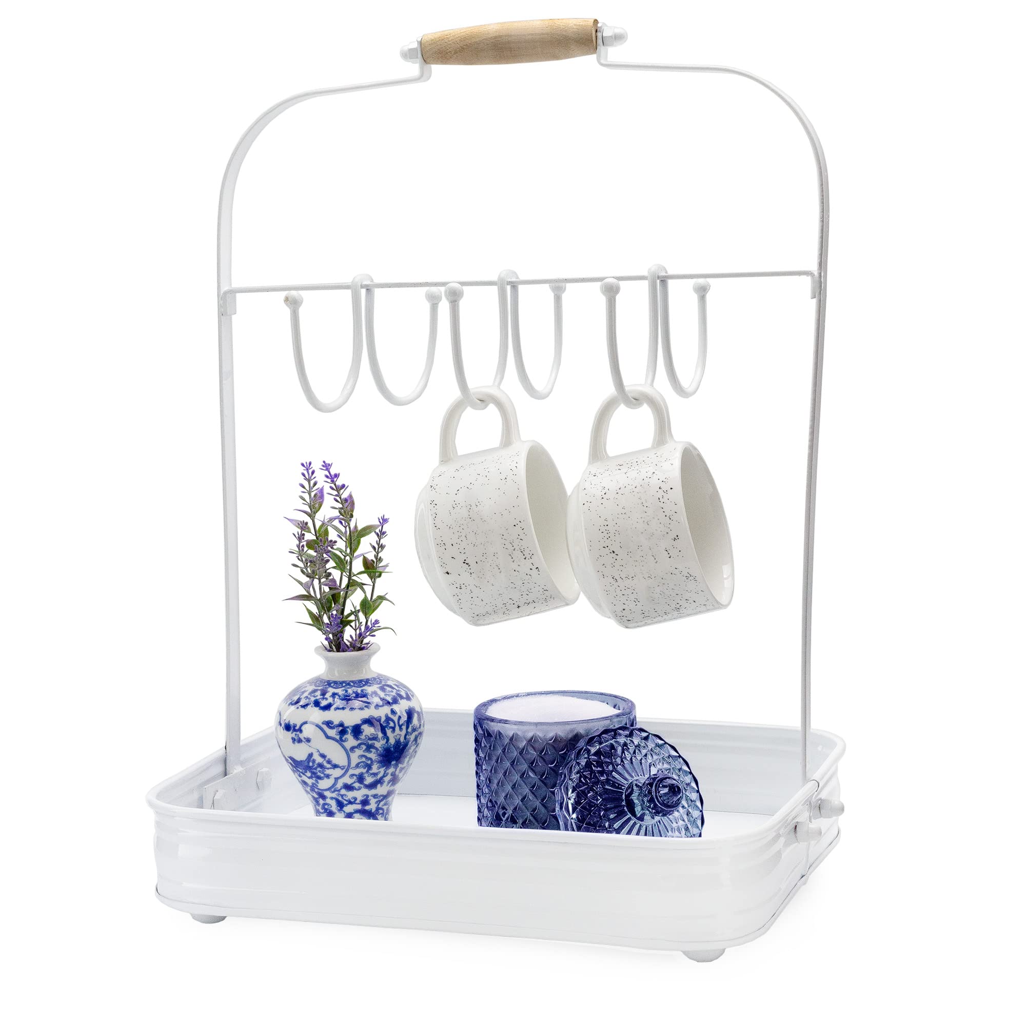 AuldHome Enamelware Coffee Mug Rack, Countertop Style White Rustic Distressed Cup Hanging Stand with Tray