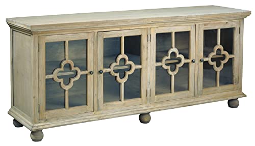 Sunset Trading Cottage Clover Glass Door Credenza Solid Wood Display Cabinet | Fully Assembled Sideboard Buffet Server, 87" Wide, Distressed Driftwood Brown