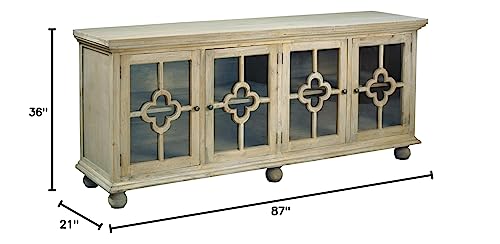 Sunset Trading Cottage Clover Glass Door Credenza Solid Wood Display Cabinet | Fully Assembled Sideboard Buffet Server, 87" Wide, Distressed Driftwood Brown