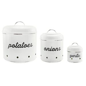 auldhome potatoes, onions and garlic canister set; rustic white enamelware vegetable storage containers