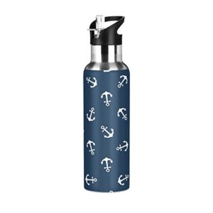 xigua 20oz double leak proof layer insulated keep warm,sea anchor navy blue stainless steel water bottle with straw for sports and travel#218