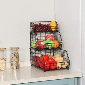 Yuyetuyo Stackable Wire Baskets 3 Tier Wall-Mounted & Countertop Organizer for Fruit Vegetable( Potato, Onion) Produce Snack Food, Metal Storage Bin for Pantry Kitchen Cabinet, Black