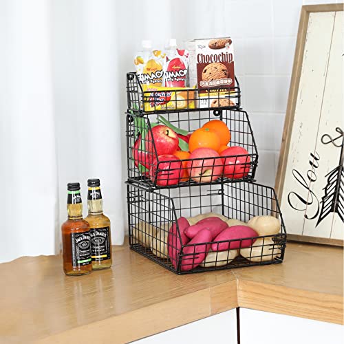 Yuyetuyo Stackable Wire Baskets 3 Tier Wall-Mounted & Countertop Organizer for Fruit Vegetable( Potato, Onion) Produce Snack Food, Metal Storage Bin for Pantry Kitchen Cabinet, Black