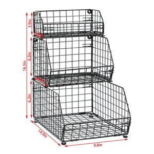 Yuyetuyo Stackable Wire Baskets 3 Tier Wall-Mounted & Countertop Organizer for Fruit Vegetable( Potato, Onion) Produce Snack Food, Metal Storage Bin for Pantry Kitchen Cabinet, Black