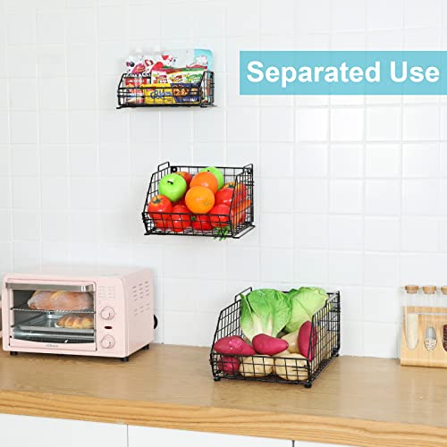 Yuyetuyo Stackable Wire Baskets 3 Tier Wall-Mounted & Countertop Organizer for Fruit Vegetable( Potato, Onion) Produce Snack Food, Metal Storage Bin for Pantry Kitchen Cabinet, Black