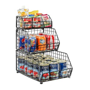 Yuyetuyo Stackable Wire Baskets 3 Tier Wall-Mounted & Countertop Organizer for Fruit Vegetable( Potato, Onion) Produce Snack Food, Metal Storage Bin for Pantry Kitchen Cabinet, Black