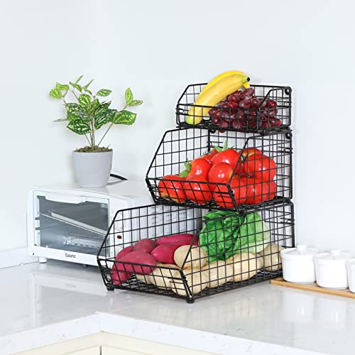 Yuyetuyo Stackable Wire Baskets 3 Tier Wall-Mounted & Countertop Organizer for Fruit Vegetable( Potato, Onion) Produce Snack Food, Metal Storage Bin for Pantry Kitchen Cabinet, Black