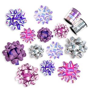 wrapaholic 14 pcs gift bows assortment - 12 multi colored assorted size gift bows (purple, pink, white, rose gold, silver) and 2 crimped curling ribbons, perfect for christmas, holiday, party