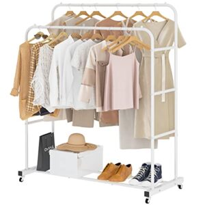 laiensia double rod garment rack,portable rolling clothes rack on wheels,for hanging clothes,white