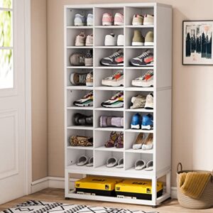 tribesigns 8-tier shoe storage cabinet, white wooden shoe rack with 24 cubbies, freestanding tall shoe organizer with adjustable partition for entryway, closet, living room, white