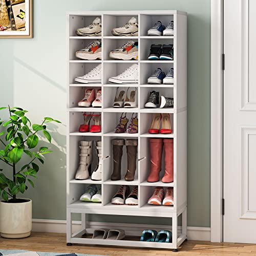 Tribesigns 8-Tier Shoe Storage Cabinet, White Wooden Shoe Rack with 24 Cubbies, Freestanding Tall Shoe Organizer with Adjustable Partition for Entryway, Closet, Living Room, White