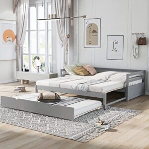 klmm extendable daybed with trundle, twin or double twin foldable daybed, solid wood sofa bed designed for bedroom/living room/apartment/hotel (gray_simple)