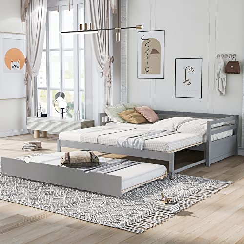 KLMM Extendable Daybed with Trundle, Twin or Double Twin Foldable Daybed, Solid Wood Sofa Bed Designed for Bedroom/Living Room/Apartment/Hotel (Gray_Simple)