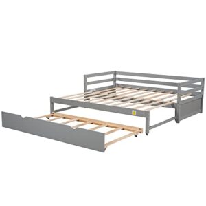 KLMM Extendable Daybed with Trundle, Twin or Double Twin Foldable Daybed, Solid Wood Sofa Bed Designed for Bedroom/Living Room/Apartment/Hotel (Gray_Simple)