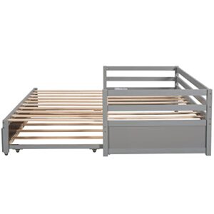 KLMM Extendable Daybed with Trundle, Twin or Double Twin Foldable Daybed, Solid Wood Sofa Bed Designed for Bedroom/Living Room/Apartment/Hotel (Gray_Simple)