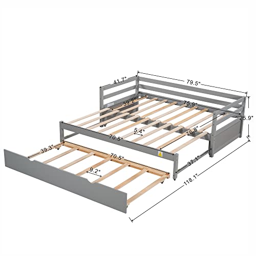 KLMM Extendable Daybed with Trundle, Twin or Double Twin Foldable Daybed, Solid Wood Sofa Bed Designed for Bedroom/Living Room/Apartment/Hotel (Gray_Simple)