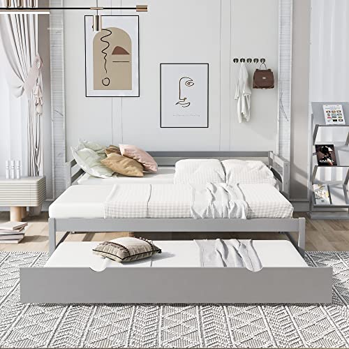 KLMM Extendable Daybed with Trundle, Twin or Double Twin Foldable Daybed, Solid Wood Sofa Bed Designed for Bedroom/Living Room/Apartment/Hotel (Gray_Simple)