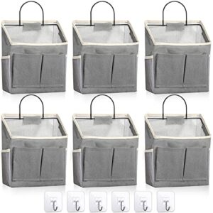 6 pack wall hanging storage bag bulk, wall hanging organizer with pockets, linen cotton wall pouch basket with sticky hooks for over the door closet bathroom bedroom kitchen dorm room (gray)