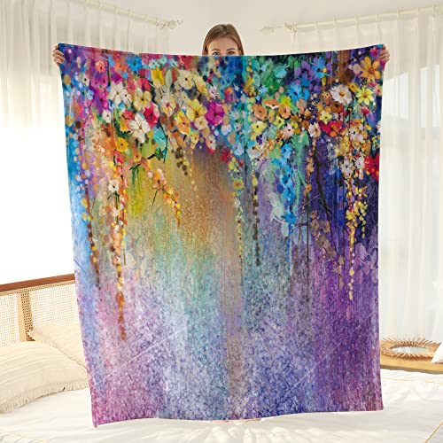 Wesan Floral Blanket Purple Flowers Gifts for Mom Women Kids Girls Super Soft Cozy Plush Throw for Birthday Mothers Day Christmas Colorful 50"x60"