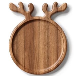dofira acacia wood serving platter, decorative deer antler design, 8" round wooden food dish display plate, charcuterie board tray for cheese fruit, kitchen gift for housewarming wedding (gift box)