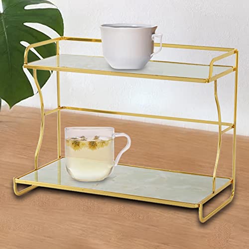 Fenteer 2 Tier Coffee Cup Rack Tray Tea Party Serving Platter for to Clean Easily Access to Food, Light Green Marble Print