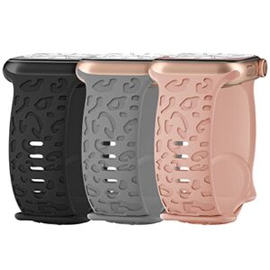3 pack leopard engraved band compatible with apple watch band 41mm 40mm 38mm 45m 44mm 42mm women men, cheetah printed soft silicone straps for iwatch series 8 7 se 6 5 4 3 2 1, black/gray/sand pink