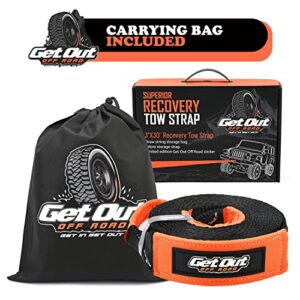 Get Out Off Road - Tow Strap Off Road Recovery 3'' X30' 30,000LB Break Strength - 4X4 Towing - Reinforced Loops - Emergency- 100% American Owned Company. Orange