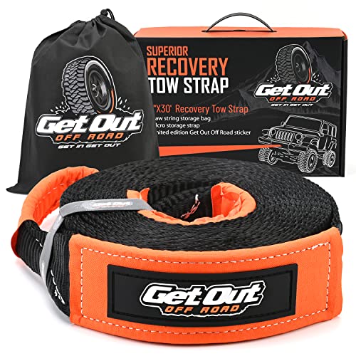 Get Out Off Road - Tow Strap Off Road Recovery 3'' X30' 30,000LB Break Strength - 4X4 Towing - Reinforced Loops - Emergency- 100% American Owned Company. Orange