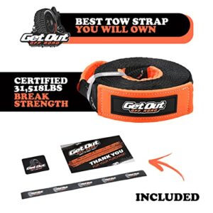 Get Out Off Road - Tow Strap Off Road Recovery 3'' X30' 30,000LB Break Strength - 4X4 Towing - Reinforced Loops - Emergency- 100% American Owned Company. Orange