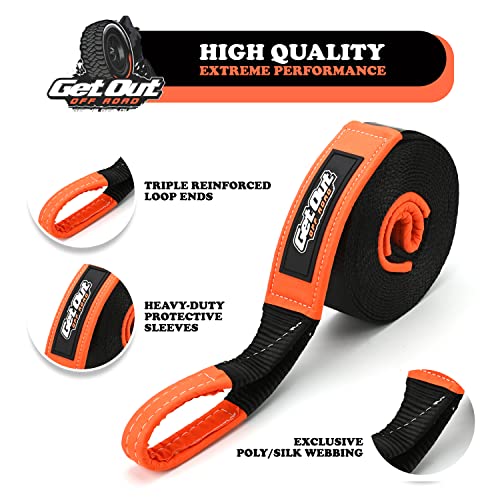 Get Out Off Road - Tow Strap Off Road Recovery 3'' X30' 30,000LB Break Strength - 4X4 Towing - Reinforced Loops - Emergency- 100% American Owned Company. Orange