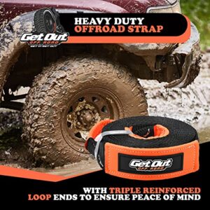 Get Out Off Road - Tow Strap Off Road Recovery 3'' X30' 30,000LB Break Strength - 4X4 Towing - Reinforced Loops - Emergency- 100% American Owned Company. Orange