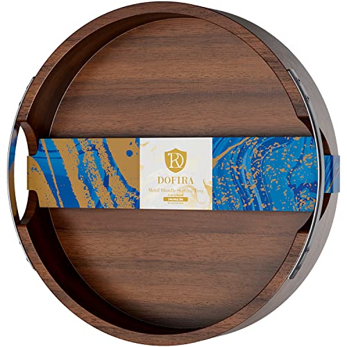 Dofira Acacia Wood Serving Tray with Metal Handles, 14" Round Food Drinks Tray for Coffee Table, Breakfast, Dinner & Bar, Rustic Decorative Storage Tray for Ottoman, Kitchen, Bedroom (Gift Packaging)