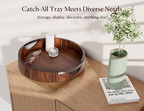 Dofira Acacia Wood Serving Tray with Metal Handles, 14" Round Food Drinks Tray for Coffee Table, Breakfast, Dinner & Bar, Rustic Decorative Storage Tray for Ottoman, Kitchen, Bedroom (Gift Packaging)