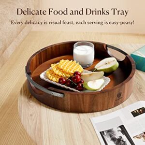 Dofira Acacia Wood Serving Tray with Metal Handles, 14" Round Food Drinks Tray for Coffee Table, Breakfast, Dinner & Bar, Rustic Decorative Storage Tray for Ottoman, Kitchen, Bedroom (Gift Packaging)