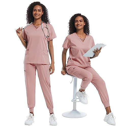 VIAOLI Scrubs for Women Stretch Set V-Neck Top & Jogger Athletic Pant Nursing Uniform for Women Clearance Workwear