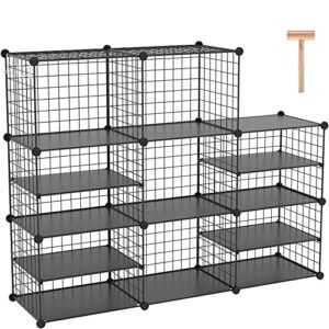 c&ahome wire cube storage unit, interlocking metal wire organizer with divider design, modular cabinet with plastic panels, bookshelf stackable closet organizer with small hooks, black uwcsim08b