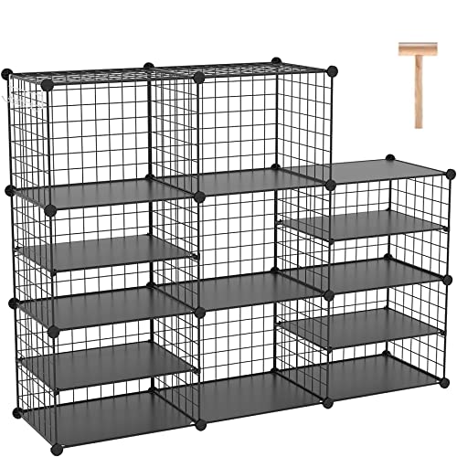 C&AHOME Wire Cube Storage Unit, Interlocking Metal Wire Organizer with Divider Design, Modular Cabinet with Plastic Panels, Bookshelf Stackable Closet Organizer with Small Hooks, Black UWCSIM08B