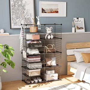 C&AHOME Wire Cube Storage Unit, Interlocking Metal Wire Organizer with Divider Design, Modular Cabinet with Plastic Panels, Bookshelf Stackable Closet Organizer with Small Hooks, Black UWCSIM08B