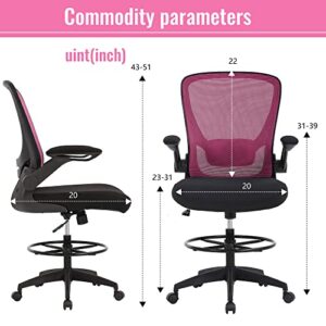 BestOffice Drafting Chair Tall Office Chair with Adjustable Foot Ring and Flip-Up Arms Computer Standing Desk Chair Executive Rolling Swivel Chair for Office & Home,Pink