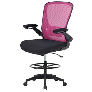 BestOffice Drafting Chair Tall Office Chair with Adjustable Foot Ring and Flip-Up Arms Computer Standing Desk Chair Executive Rolling Swivel Chair for Office & Home,Pink