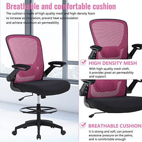 BestOffice Drafting Chair Tall Office Chair with Adjustable Foot Ring and Flip-Up Arms Computer Standing Desk Chair Executive Rolling Swivel Chair for Office & Home,Pink