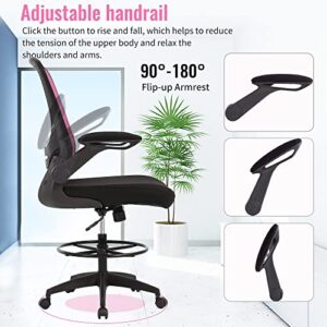 BestOffice Drafting Chair Tall Office Chair with Adjustable Foot Ring and Flip-Up Arms Computer Standing Desk Chair Executive Rolling Swivel Chair for Office & Home,Pink