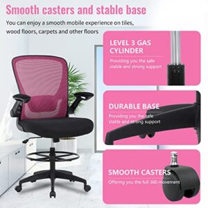 BestOffice Drafting Chair Tall Office Chair with Adjustable Foot Ring and Flip-Up Arms Computer Standing Desk Chair Executive Rolling Swivel Chair for Office & Home,Pink