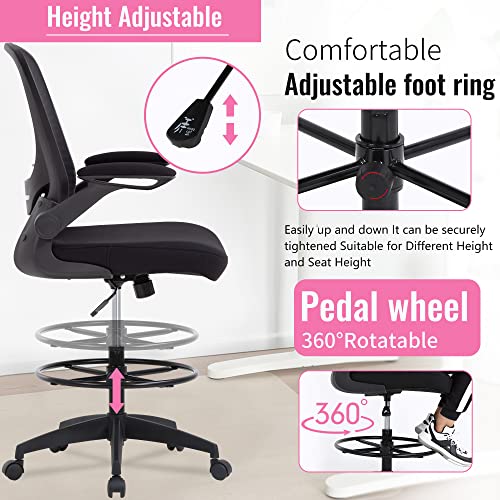 BestOffice Drafting Chair Tall Office Chair with Adjustable Foot Ring and Flip-Up Arms Computer Standing Desk Chair Executive Rolling Swivel Chair for Office & Home,Pink