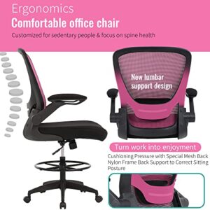 BestOffice Drafting Chair Tall Office Chair with Adjustable Foot Ring and Flip-Up Arms Computer Standing Desk Chair Executive Rolling Swivel Chair for Office & Home,Pink