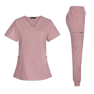 niaahinn scrub suit set for women modern v-neck + leg drawstring jogger pants medical nursing uniforms set (pink,s)